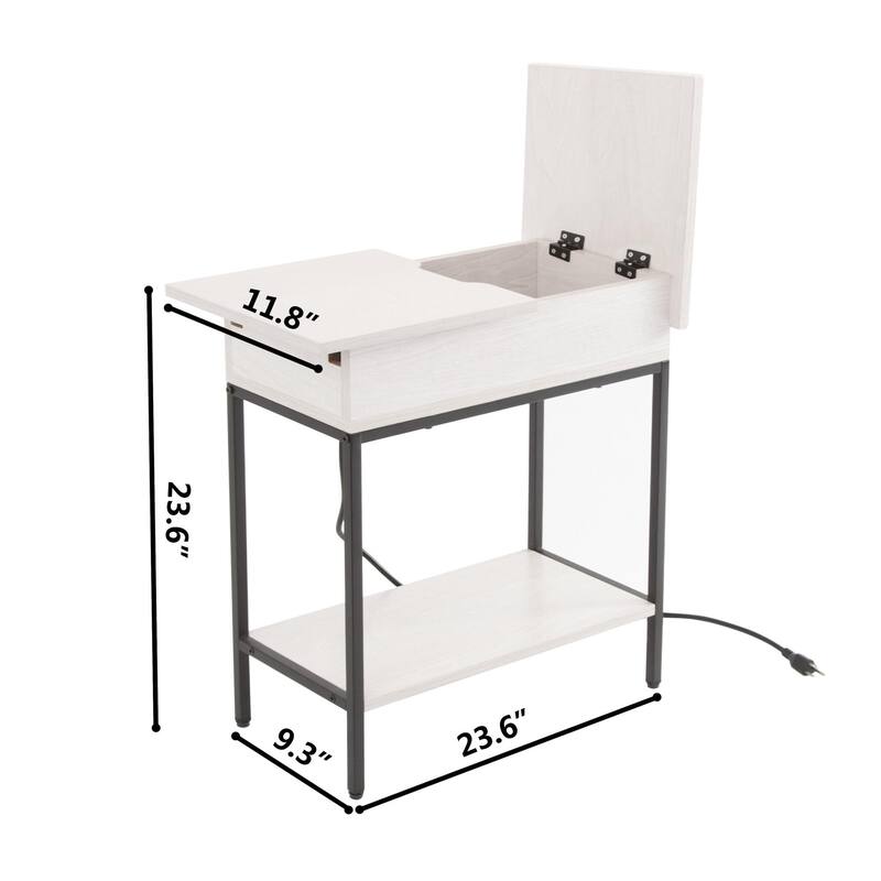 Flip Top Narrow End Table with Storage and Built-In Outlets, Small Side Table