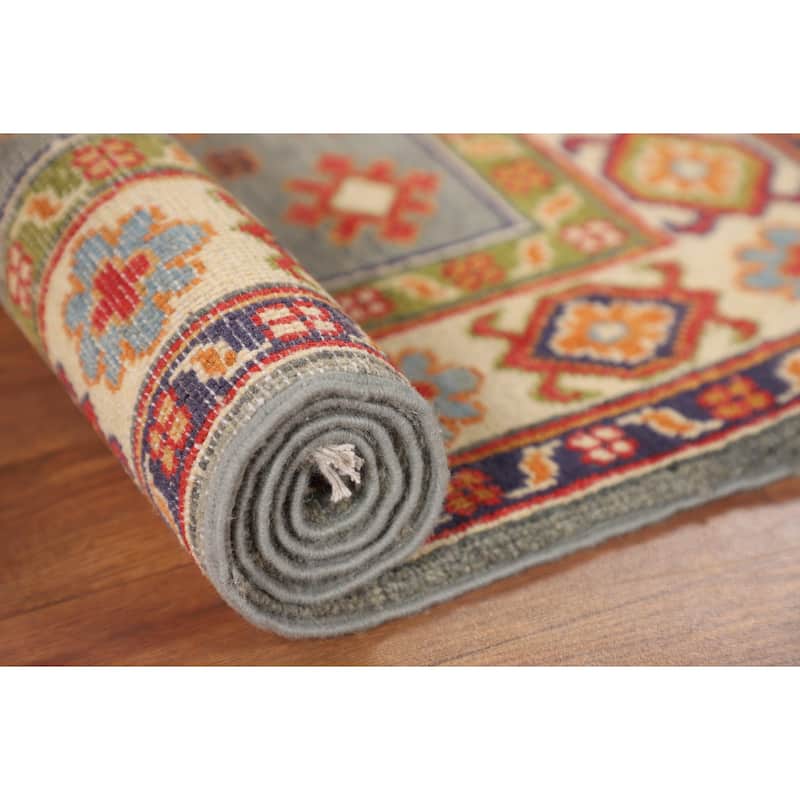 Geometric Kazak Accent Rug Hand-Knotted Grey Wool Carpet - 2'8" x 4'1"
