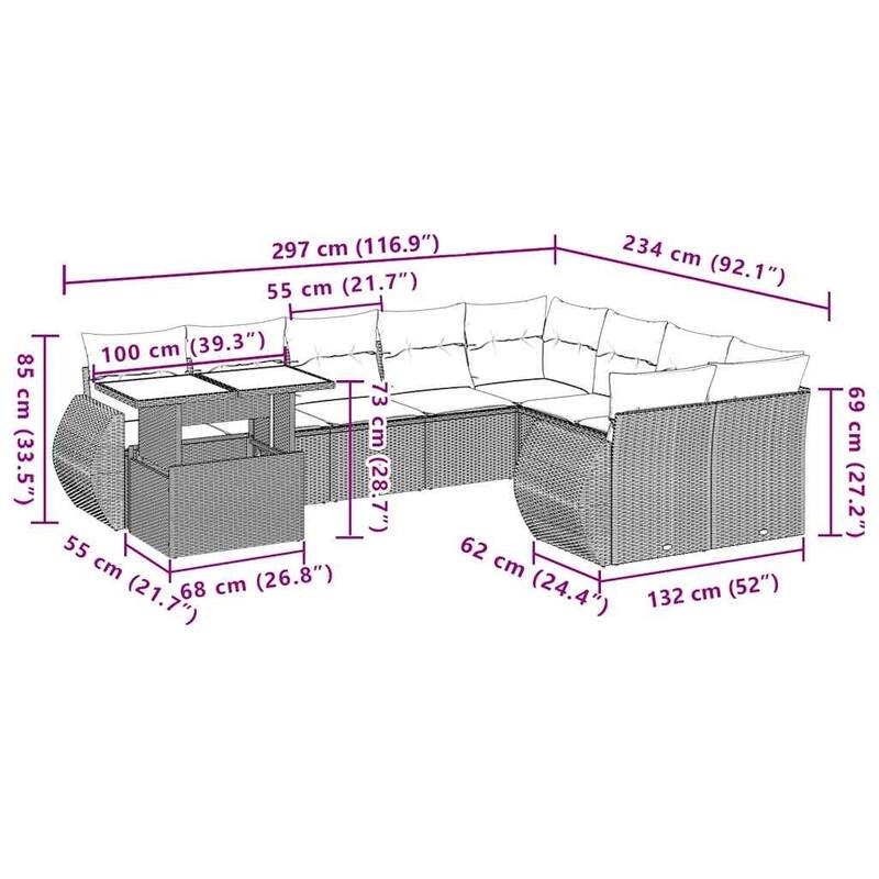 vidaXL Patio Sofa Set with Cushions and Table Outdoor 10 Piece Poly Rattan - 24.4 x 24.4 x 27.2