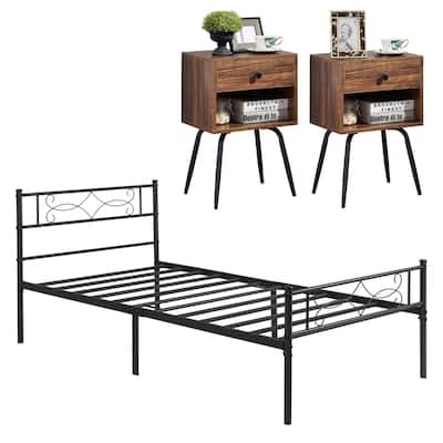 Taomika 3-pieces Bed Frame and Brown Nightstands Bedroom Sets