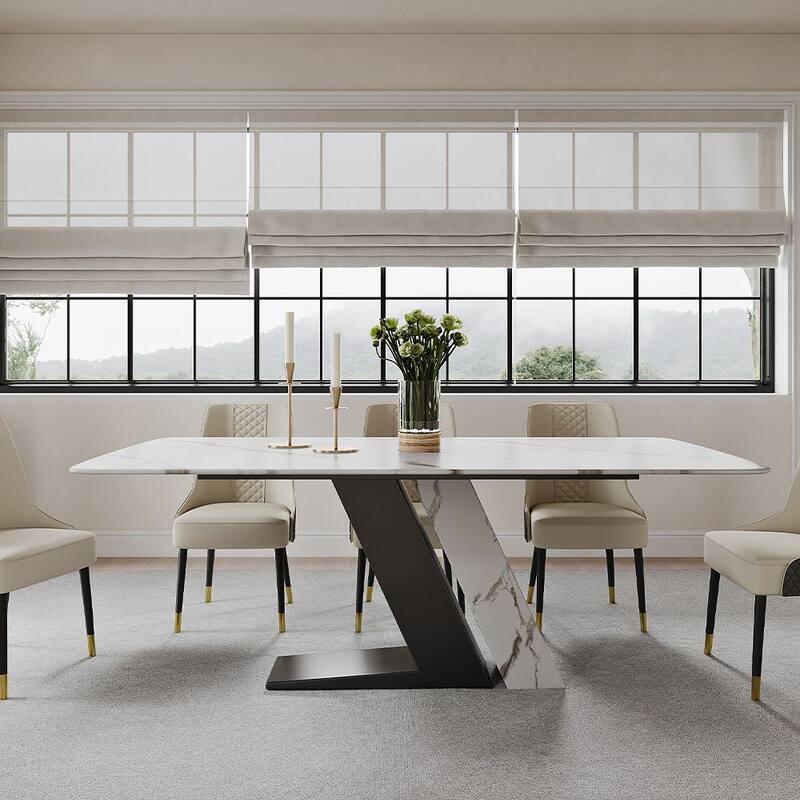 Modern and Luxury White Dining Table, with Rectangular Sintered Stone Tabletop Z-shaped Stainless Steel Base - 71" - White&Black