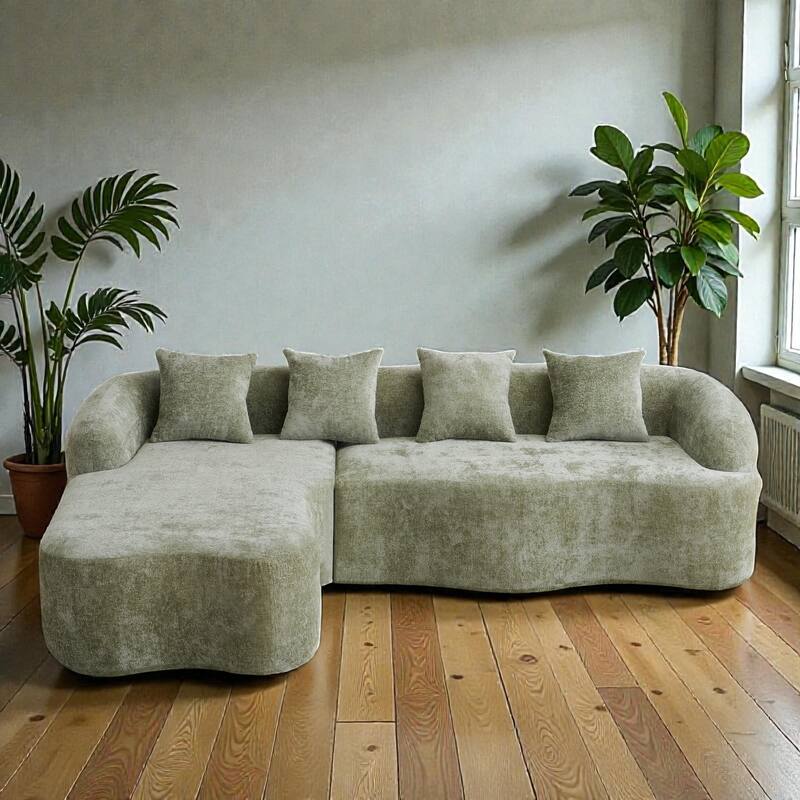 Full Compression L Shaped Sectional Sofa with Curved Chaise, Modular Chenille Couch for Apartment Living Room
