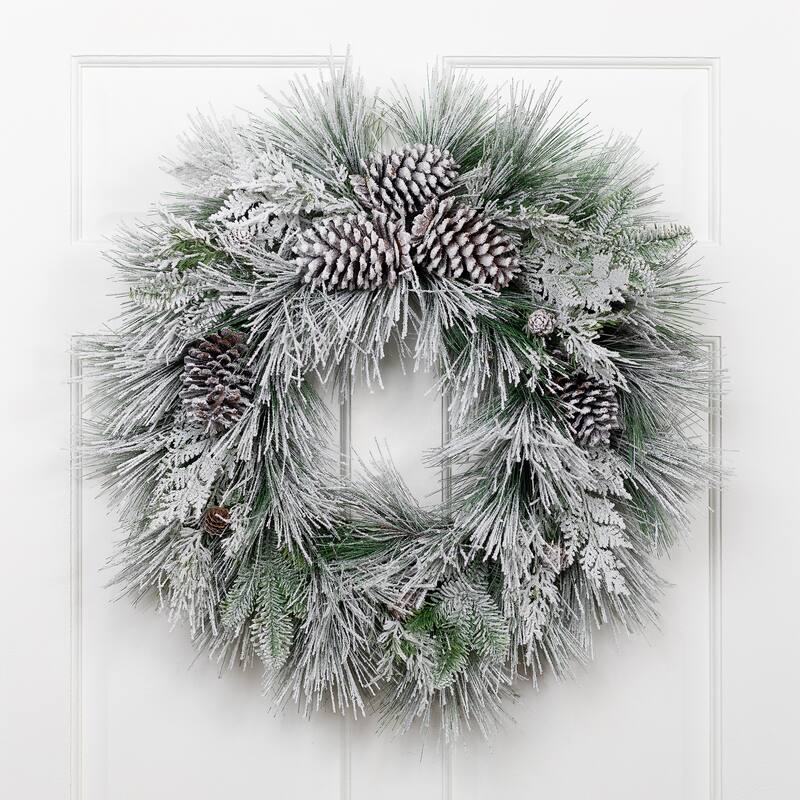 Snowy Long Needle Pine and Pinecone Artificial Christmas Wreath - 26" - Unlit