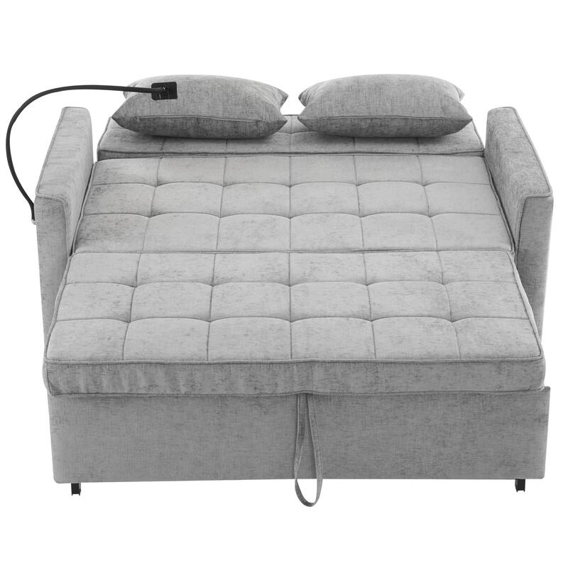 3 in 1 Convertible Sleeper Sofa Bed, Loveseat with Side Pockets and USB Ports, Futon Sofa Bed with Reversible Back
