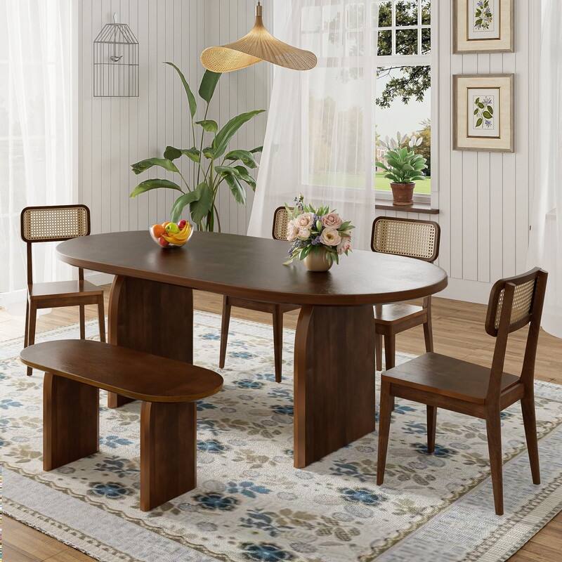 Oval Dining Table Set for 6 with Rattan Backrest Chair, 6-Piece Mid Century Modern Farmhouse Table with Chairs and Bench - Brown