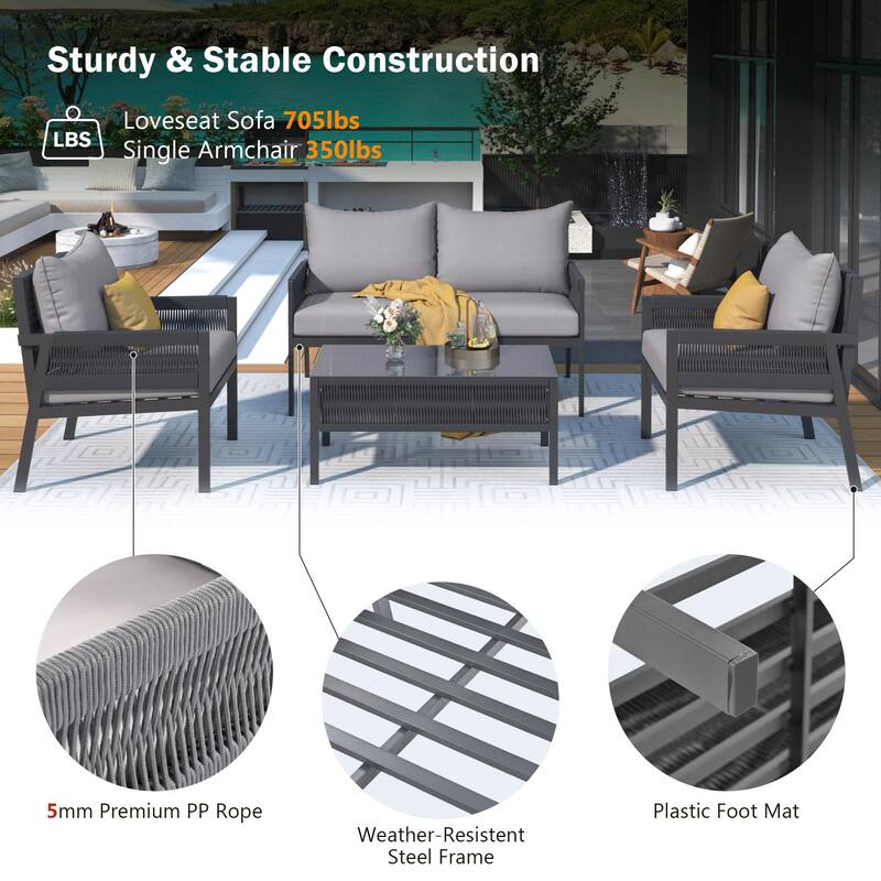 4-Piece Outdoor Patio Rope Conversation Sofa Set with Tempered Glass Table