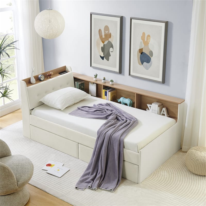 Twin Size Velvet Daybed with Wireless Charging Headboard