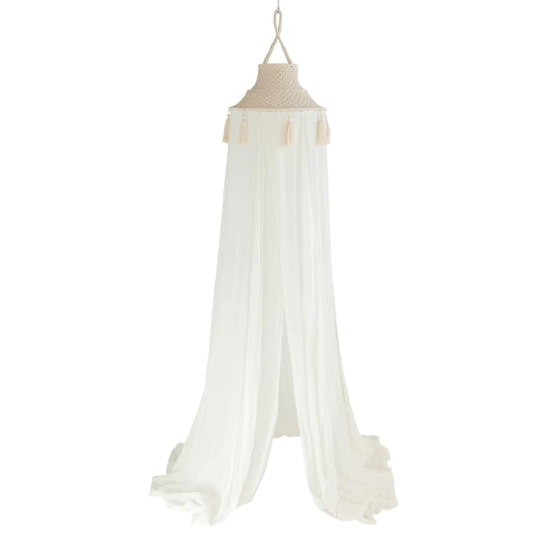 White Cotton Macramé Canopy with Tassels - White
