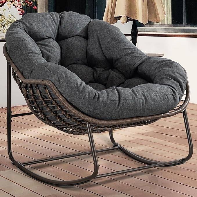 Outdoor Rattan Rocking Chair,Padded Cushion Rocker Recliner Chair Outdoor for Front Porch, Living Room, Patio, Garden - Grey