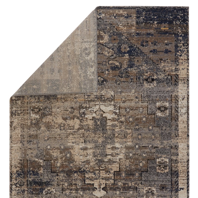 Cassava Indoor/ Outdoor Medallion Taupe/ Dark Blue Area Rug