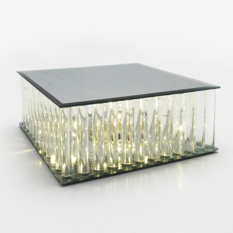 Square Mirror LED Fairy Light Up Glass Columns Cake Stand Dessert Display Tray Riser