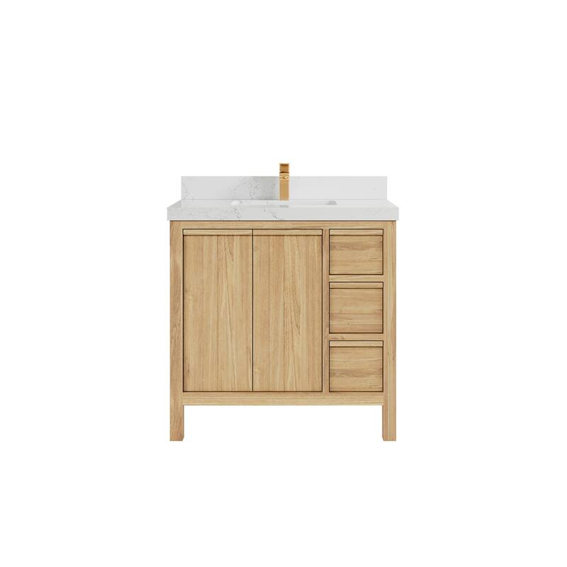 Willow Collections 36 in. W x 22 in. D Elizabeth Solid Teak Wood Center Sink Bathroom Vanity with Countertop - 2" Empira White - Light Natural Teak