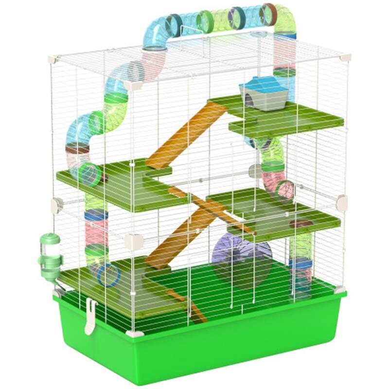 Green-White Steel Hamster Cage with 5 Tiers, Tubes and Accessories - 23.25" L x 14.25" W x 27.25" H
