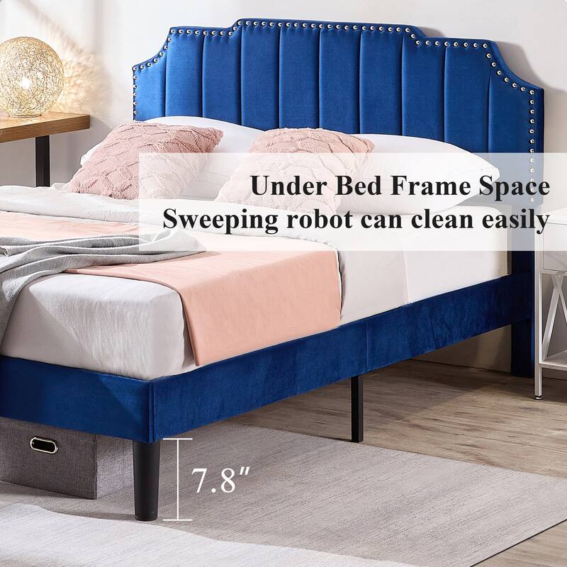 VECELO Upholstered Bed Frame with Nailhead Trim Adjustable Height Headboard, Twin/Full/Queen Size Bedframes