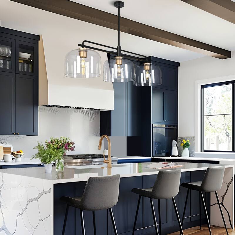 Modern Black Gold Pendant Clear Glass Kitchen Island Light Bowl-Shape Shade for Dining Room