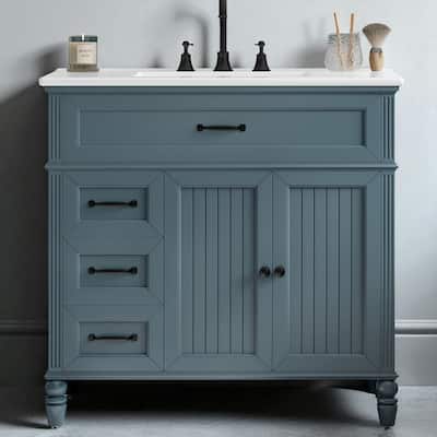 36" Blue Bathroom Vanity with Ceramic Sink, Freestanding Cabinet with Drawers and Solid Wood Frame