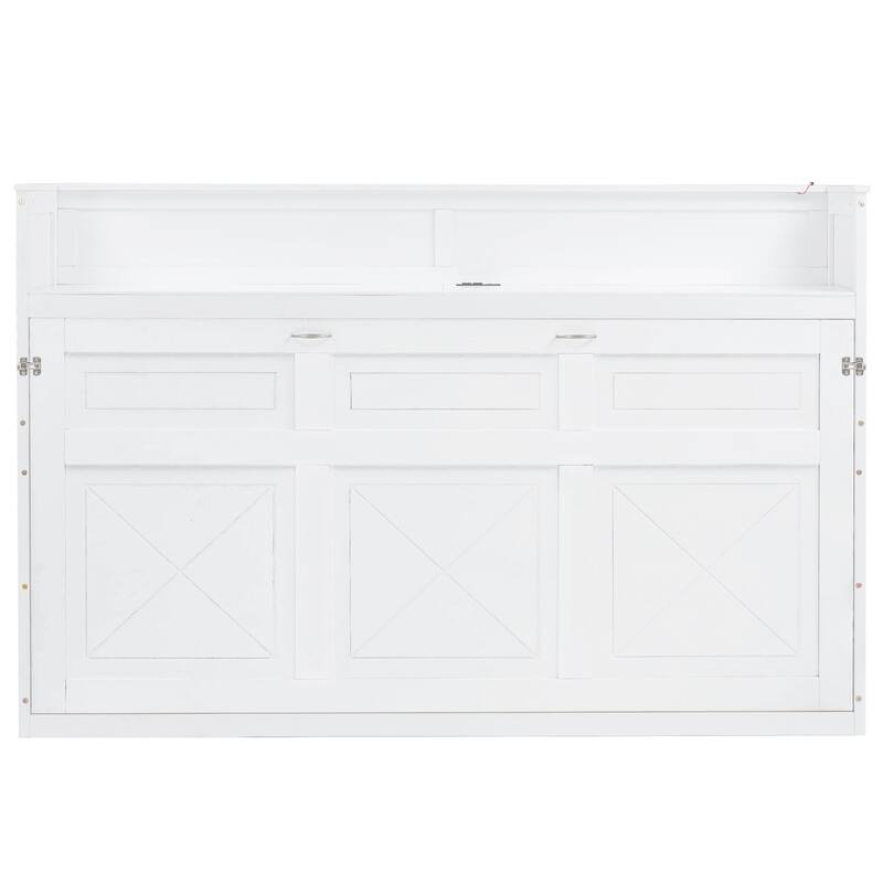 Twin XL Murphy Bed with Desk, LED Light, and USB Charging Station in White