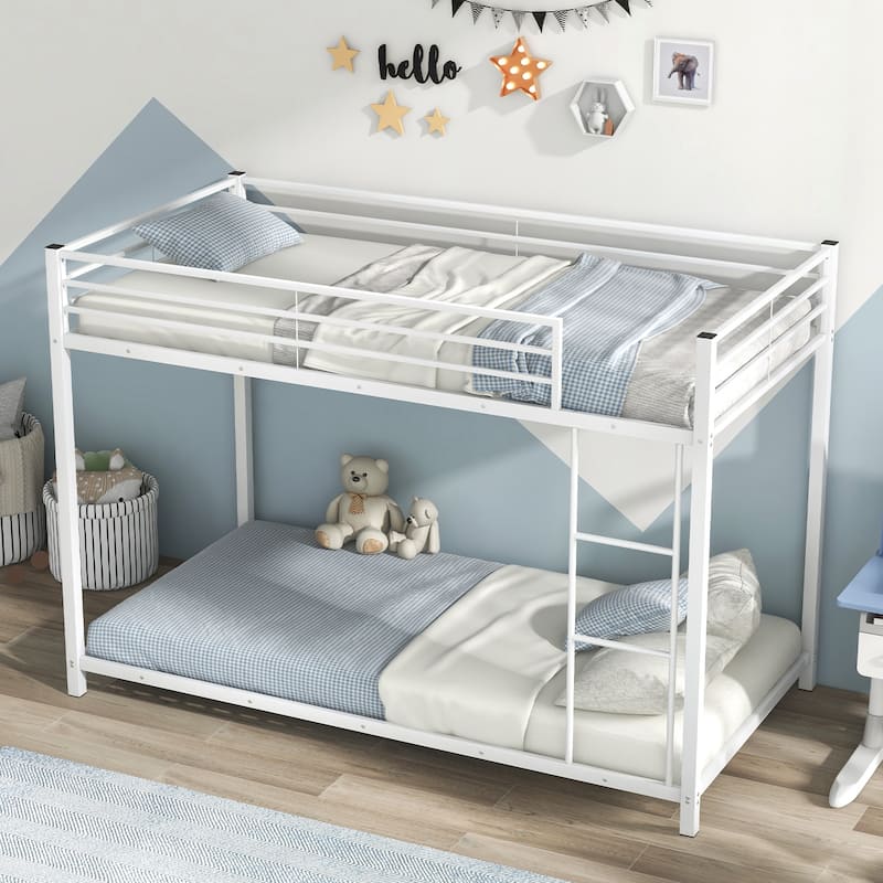 Gymax Twin Over Twin Bunk Bed Frame Platform W/Guard Rails & Side - White - 78'' x 41'' x 54''
