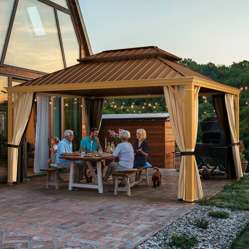 EROMMY Hardtop Gazebo W/Steel Double Roof, Anti-Rust Coating Aluminum Frame Permanent, Hard Top Gazebo for Garden Lawn Parties - 12' x 16' - Wood Grain