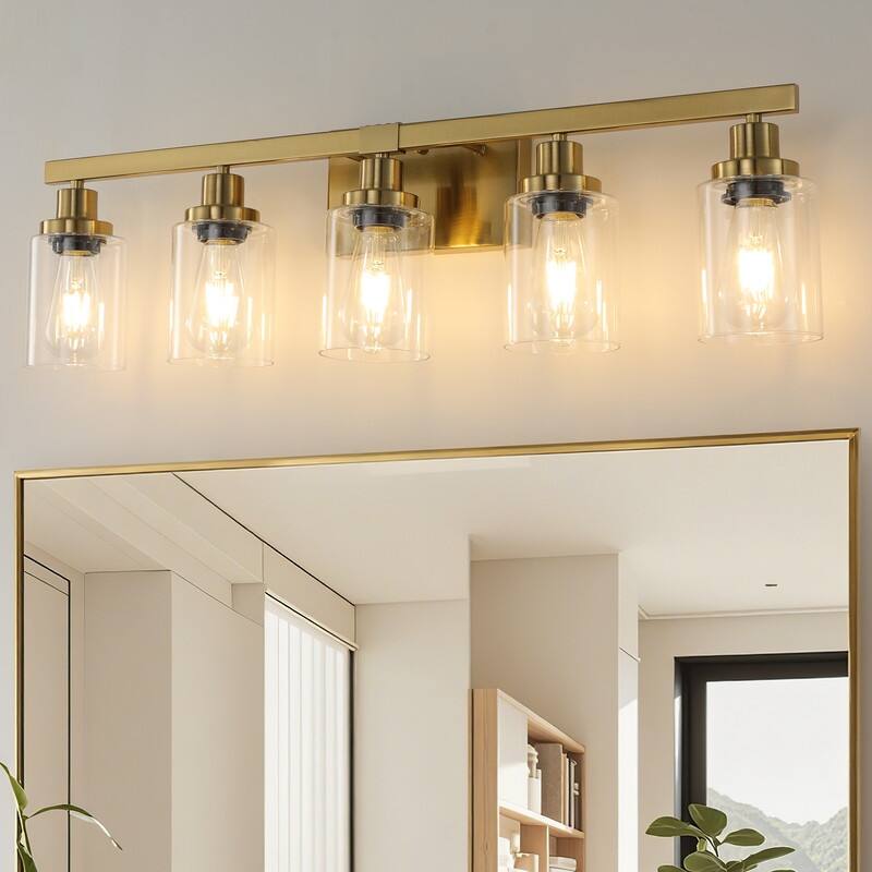 Bathroom Vanity Light With Clear Glass Shades For Vanity Mirror, Bathroom, Or Hallway - 5-Lights - Gold