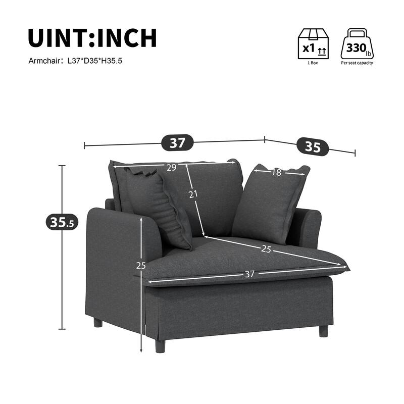 37" Oversized Single Seat Sofa, Chenille Armchair with 2 Pillows, Gray