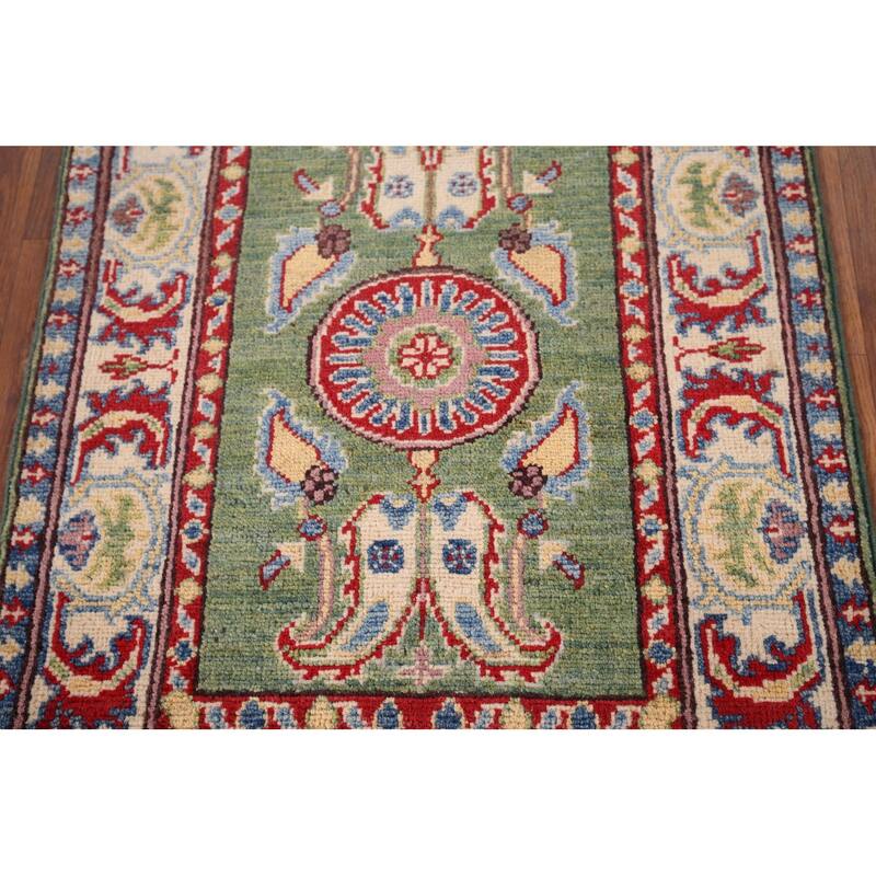 Green Geometric Kazak Foyer Rug Hand-Knotted Wool Carpet - 2'0" x 2'8"