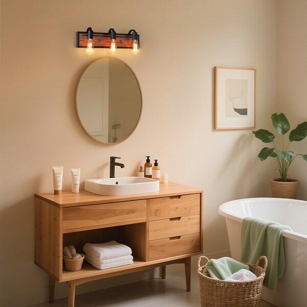 Farmhouse 3-Light Wood Bathroom Vanity Light Rustic Wood Wall
