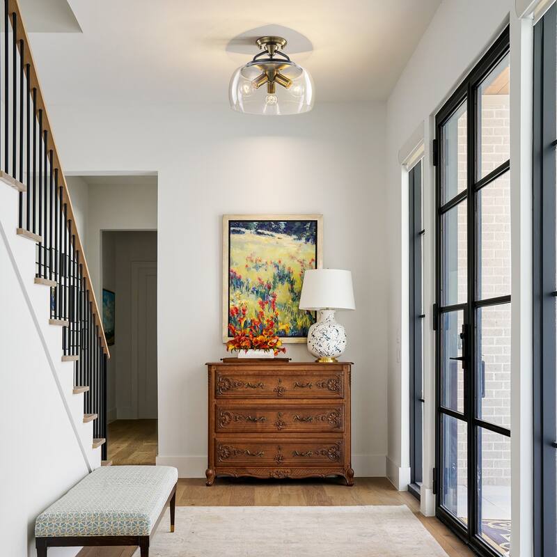 13" W 3-Light Modern Industrial Black Metal Semi-flush Mount Ceiling Light with Clear Dome Glass