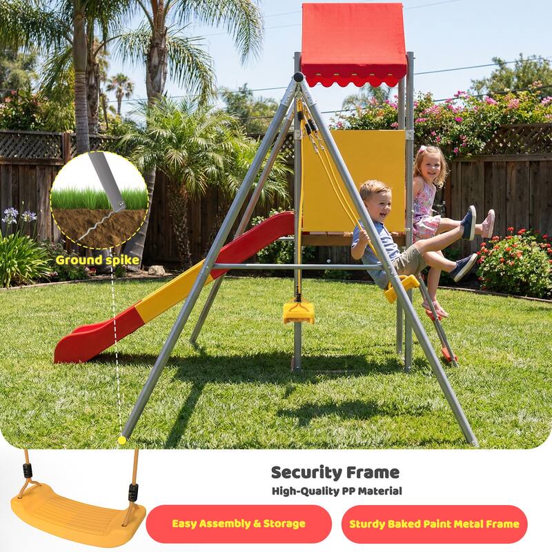 Metal and Plastic Treehouse Swing Set with Slide, Belt Swings, and Canopy Safe, Sturdy, and Portable for Kids Ages 3-8