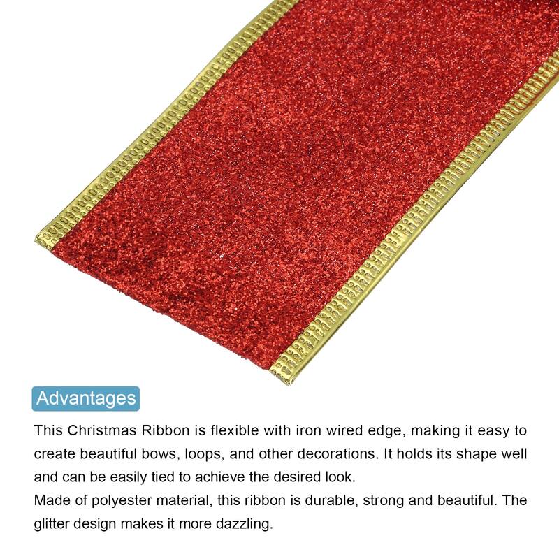 Christmas Polyester Ribbon 2" 10 Yard Glitter Ribbon Iron Wired Edge