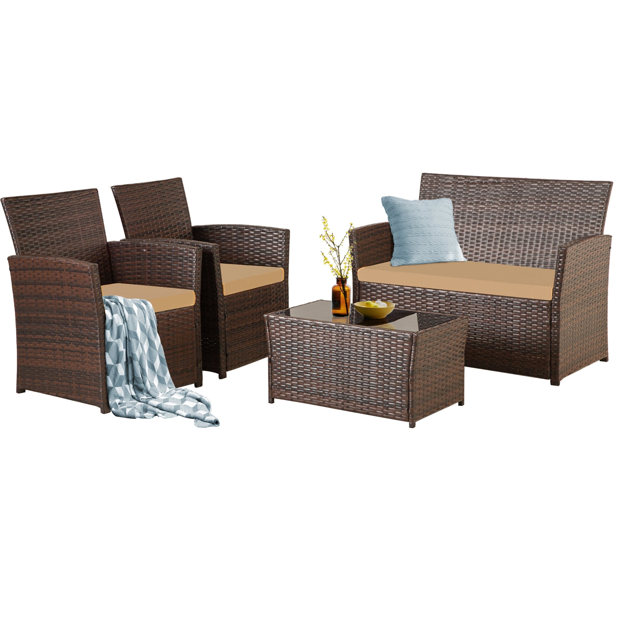 4-Piece Outdoor Wicker Patio Conversation Furniture Set for Backyard Porch Garden Pool