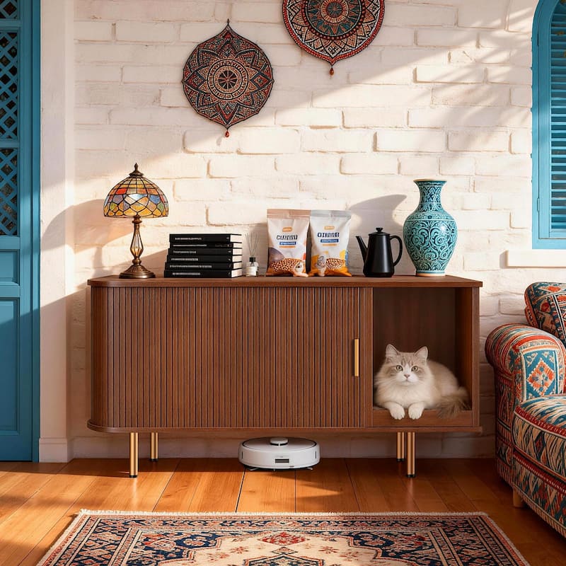 38.5" Cat Litter Box Enclosure with Scratch Pad and Sliding Door,Cat Hidden Litter Box Cabinet,Modern Indoor Cat House,TV Stand
