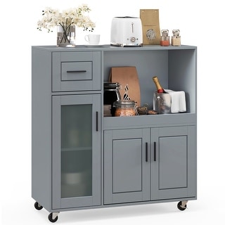 Gymax Kitchen Island Cart on Wheels Microwave Cabinet w/ Frosted