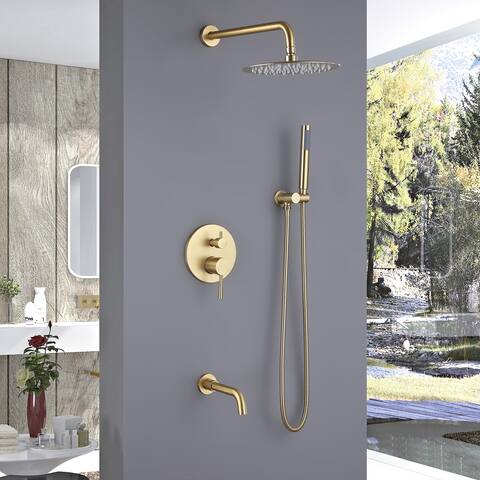 Brushed Gold Wall Mounted Complete Rain Shower System with with handheld & BathTub Facuet