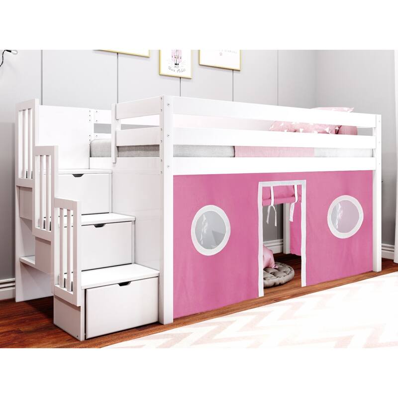 JACKPOT Contemporary Low Loft Twin Bed with 3 Step Stairway and Tent - White with Pink & White Tent