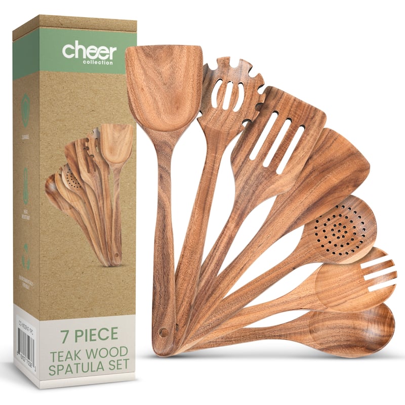 Cheer Collection Wooden Kitchen Utensils Set - 7 Piece - Brown