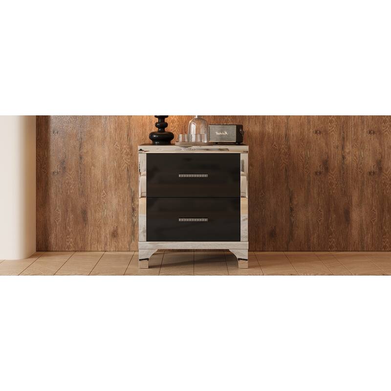 Elegant High-Gloss Mirrored 2-Drawer Nightstand - Metal Handle Bedside Table for Bedroom/Living Room (Black)