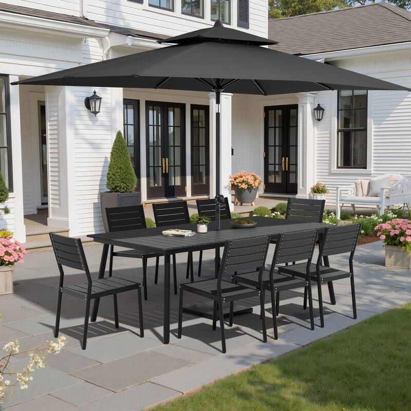 11-Piece Patio Dining Set Aluminum Table and 8 Stackable Chairs w/10 ft Umbrella and Base Stand - Black Table with Black Umbrella