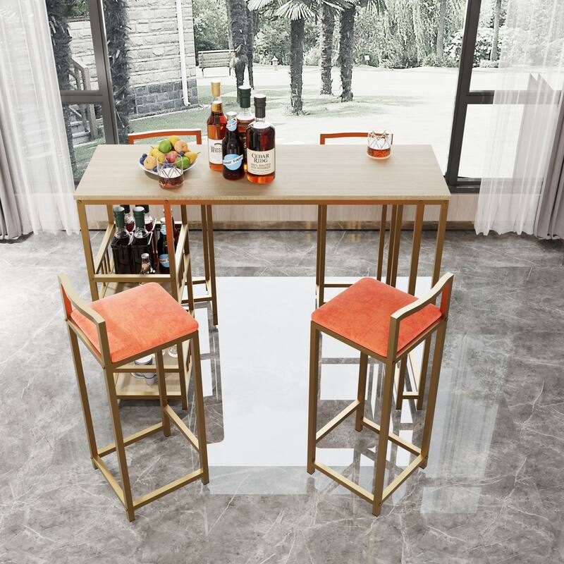 5 Piece Bar Table Set, Counter Height Kitchen Table Set, Metal Table and Chairs Set with 4 Upholstered Chairs & Storage Shelves