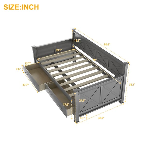 dimension image slide 0 of 2, Twin Size Wooden Modern and Rustic Casual Style Daybed with 2 Large Drawers,Bed W/X Frame Design,for Apartment, Bedroom