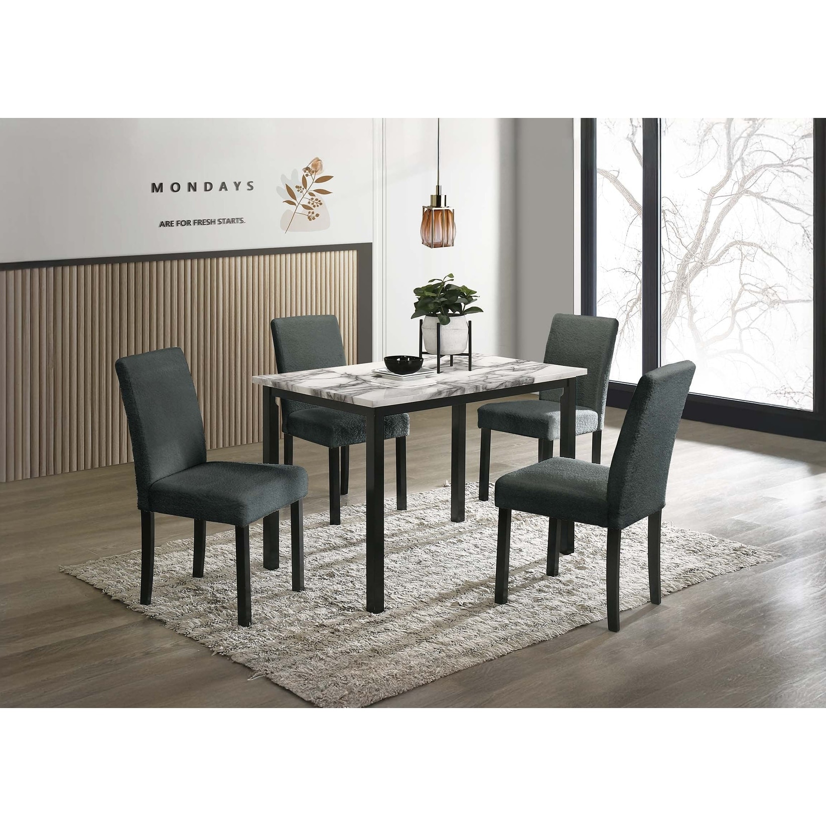 Contemporary Style 5pc Dining Room Set Faux Marble Table Top Charcoal Finish
