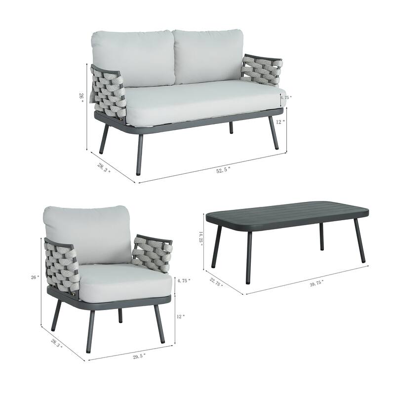 Roomfitters Steel 4-Piece Outdoor Conversation Set with Woven Rope Armrests and Cushions