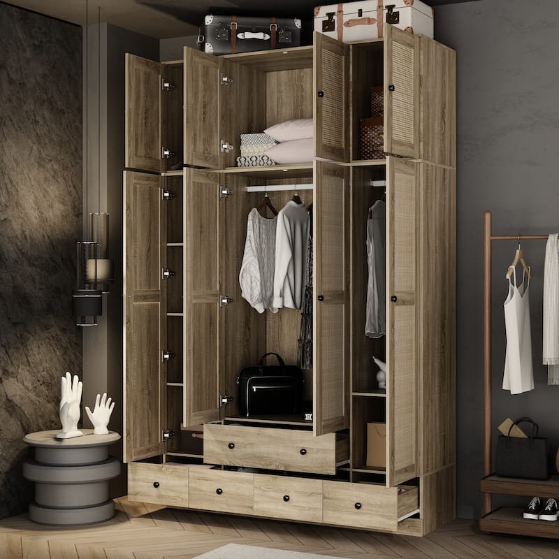Rattan-Accented Wardrobe - Spacious Clothing Organizer with Style