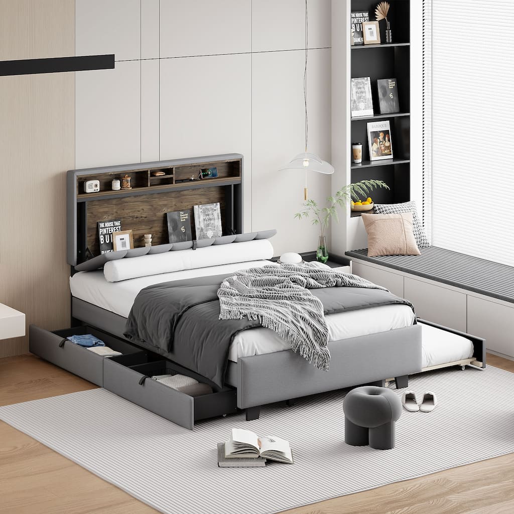 Full Storage Bed Frame with Twin Trundle, Linen Fabric Upholstered Platform Bed with 2 Drawers and a Set of Sockets & USB Ports