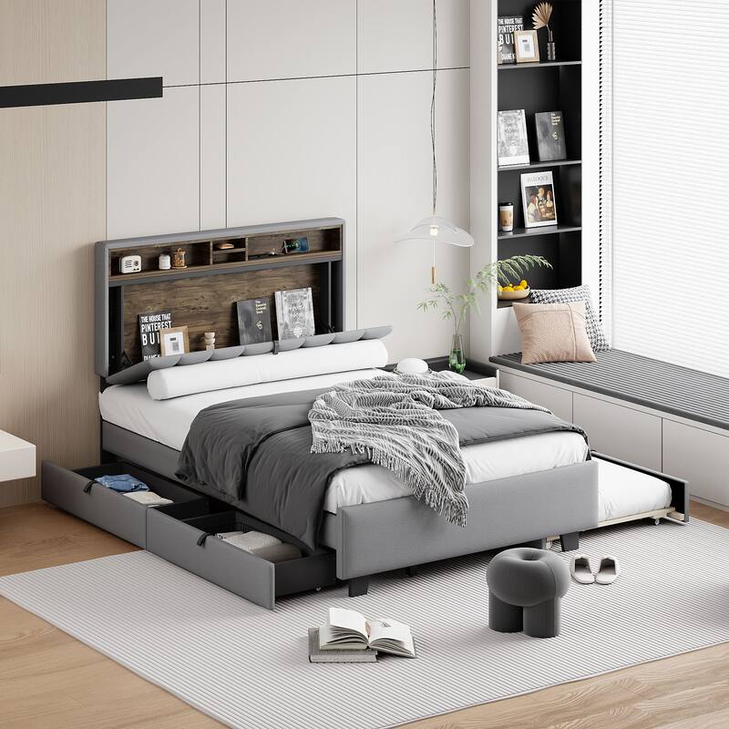 Full size Upholstered Platform Bed with Storage Headboard - Grey