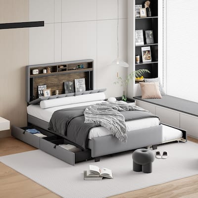Gray Full Size Upholstered Bed with Storage Headboard and Drawers