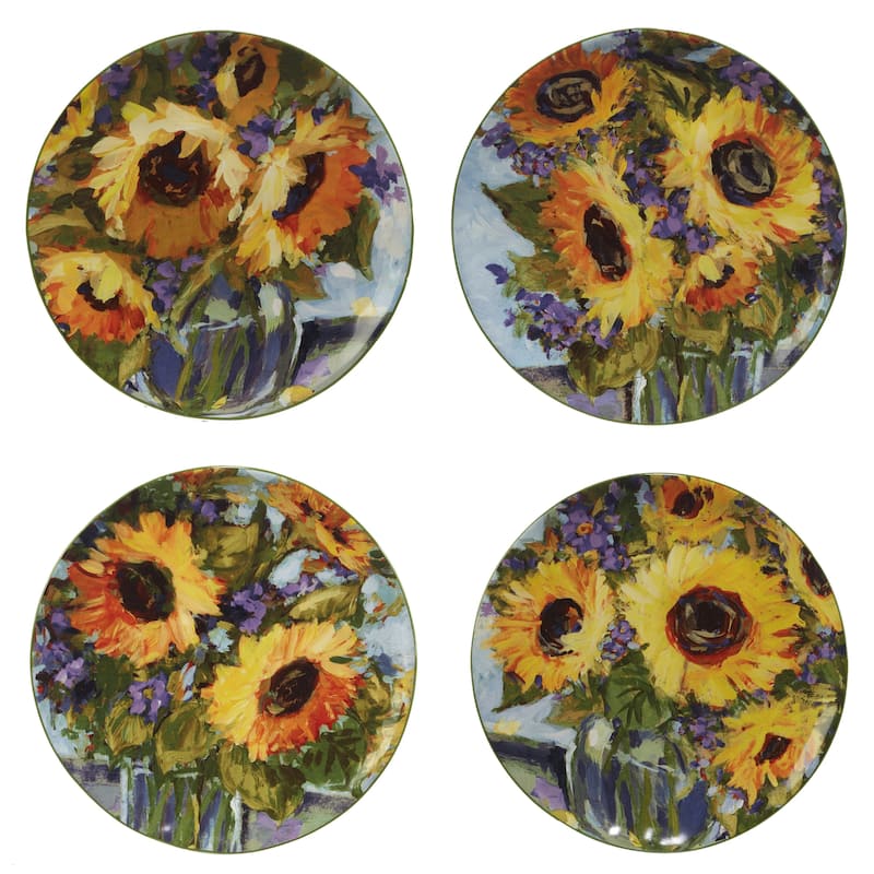 Certified International Sunflower Bouquet 9" Salad/Dessert Plates, Set of 4 Assorted Designs - 10.75' x 11'