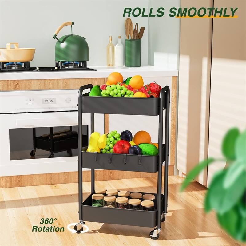 3 Tier Rolling Storage Cart Metal Trolley Utility Cart with Wheels - 15.7"D x 7.1"W x 35.9"H