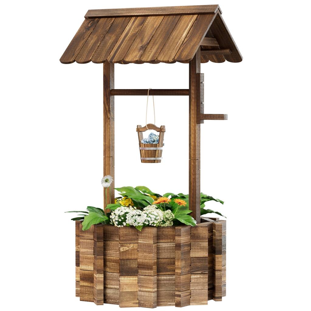 Wooden Wishing Well Planter for Outdoors with Hanging Bucket