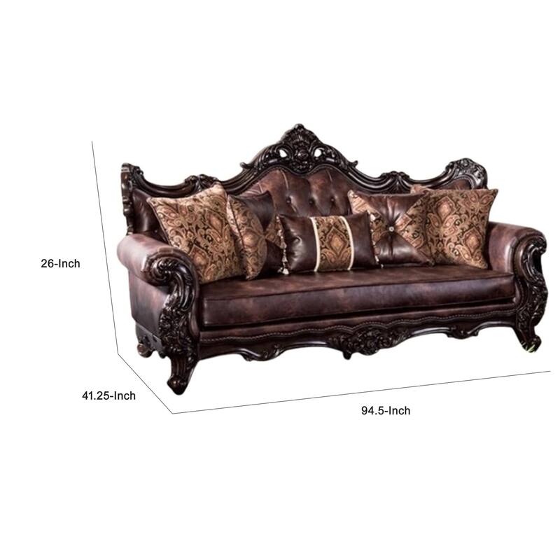 Puhi Sofa, Brown Faux Leather, Ornate Carved Dark Cherry Wood, 95 Inch